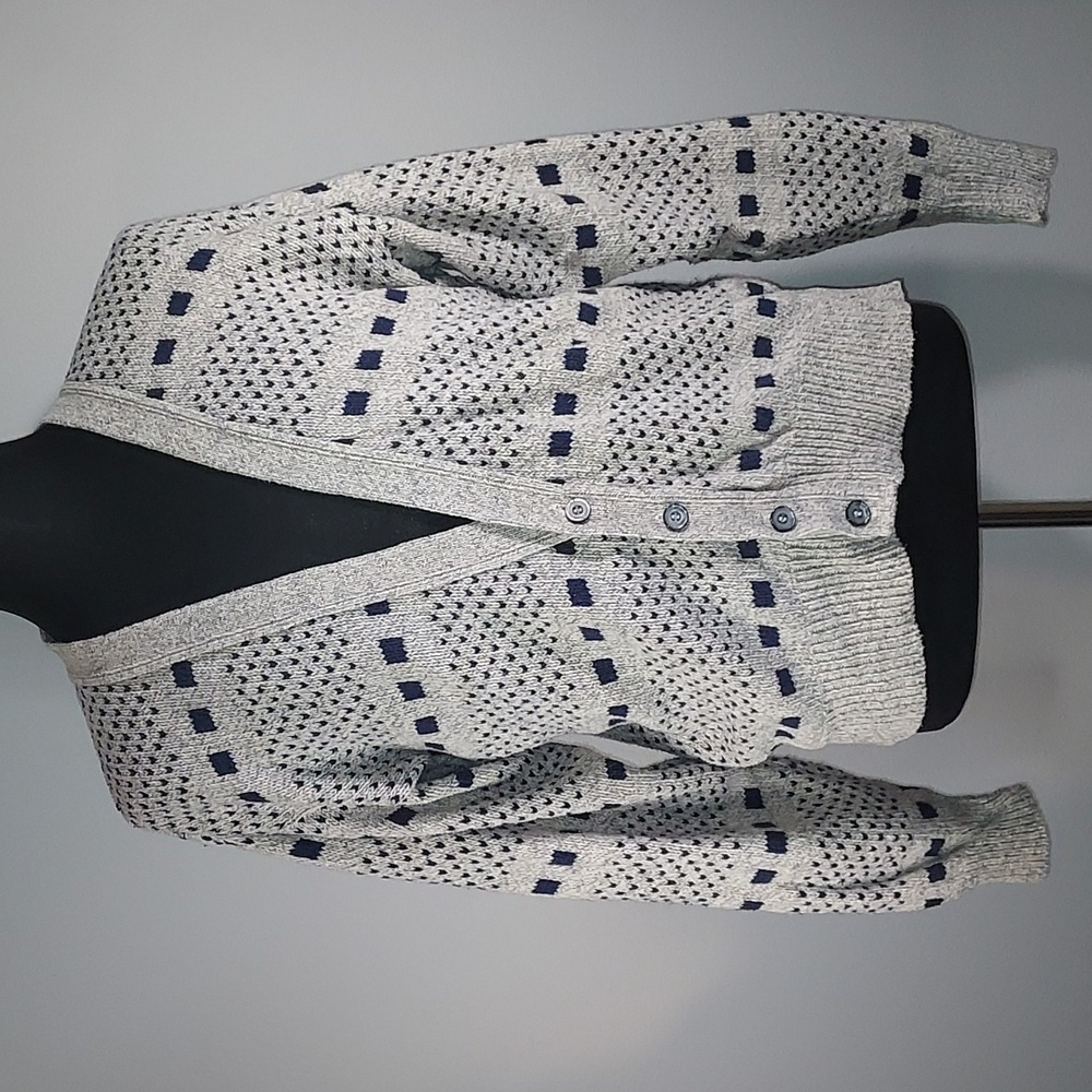 Vintage Osh Kosh B'Gosh Grey Navy Blue Patterned Knit V-Neck Cardigan Size Large